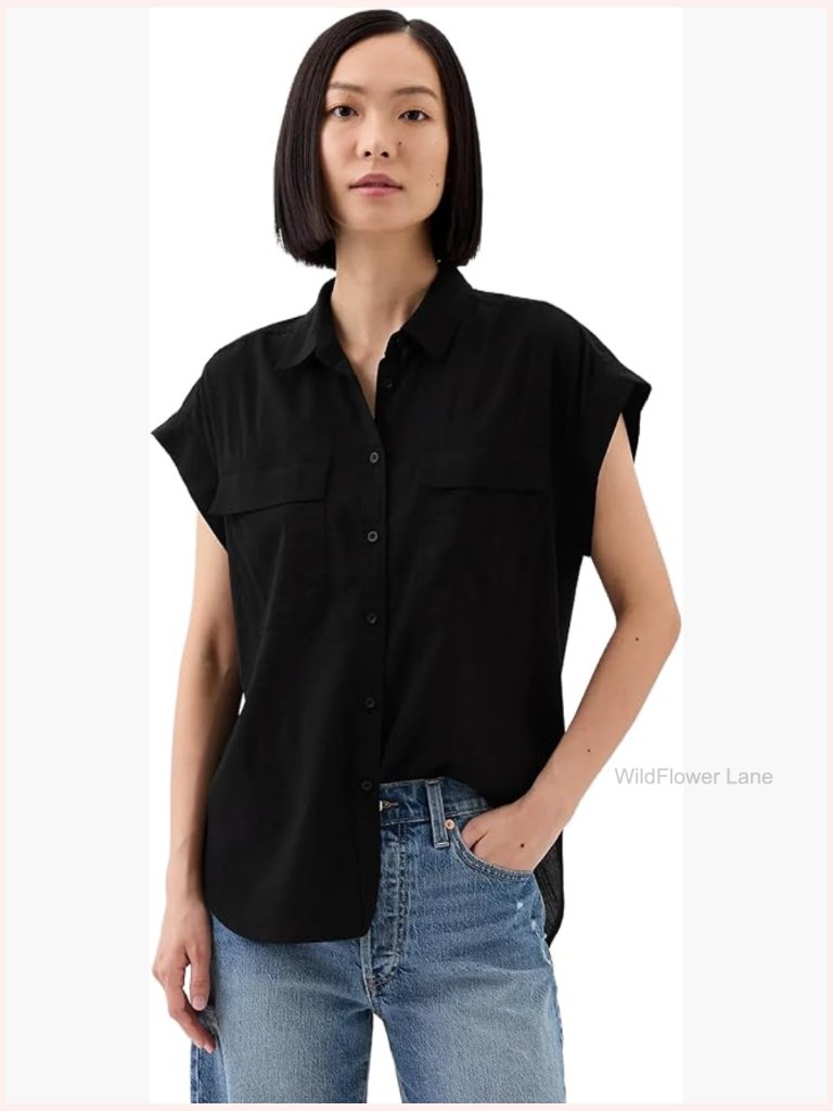 Women's Button Down Shirt Short Sleeve Spread Collar Patch Pocket Relaxed Fit